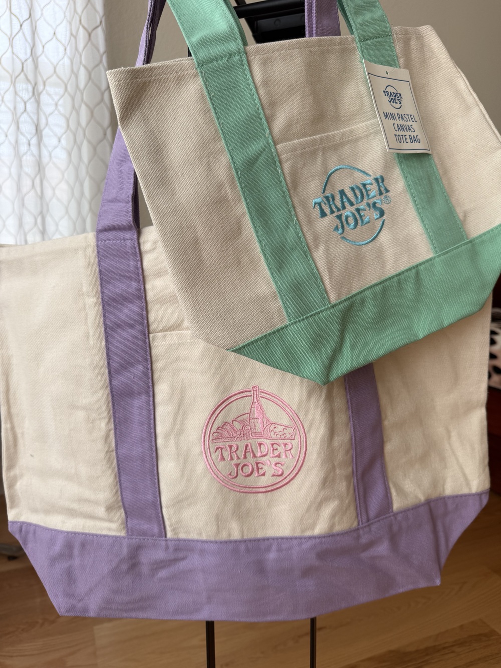 TWO Trader Joe’s Canvas Large &Mini Bags Lavender & Mint ON HAND READY TO SHIP !